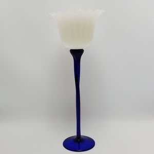 Frosted Flowered Tulip Tall Cobalt Blue Long Stem Art Glass Candle Holder 16"